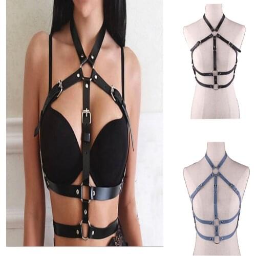 Women Sexy Punk Chest Harness Adjustable Caged Waist Belts Metal Body Chain PU Leather Choker Statement Necklace Party Clubwear