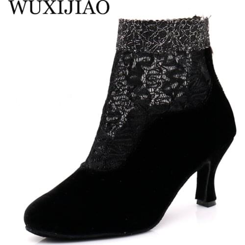 WUXIJIAO Womens Ballroom Latin Dance Shoes Black Suede Net Flash Salsa Tango Bachata Dance Shoes Satin Heel 7.5cm