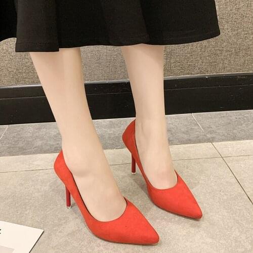 New Shoes for Woman Thin Heels Flock Pointed Toe Party Slip-On 2020 Fashion Women Heels Zapatillas Mujer Large Size 35-43