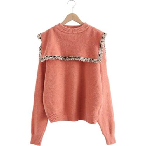 Japanese Mori Womens Stitching Knitted Tassel Navy Collar Cashmere Cotton Warm Pullover Girls Jumpe Harajuku Sweater