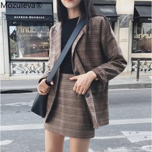 Mozuleva 2021 Retro Plaid Blazer Set Single-breasted Jacket & Pencil Skirt 2 Pieces Skirt Suit Female Office Ladies Blazer Suit