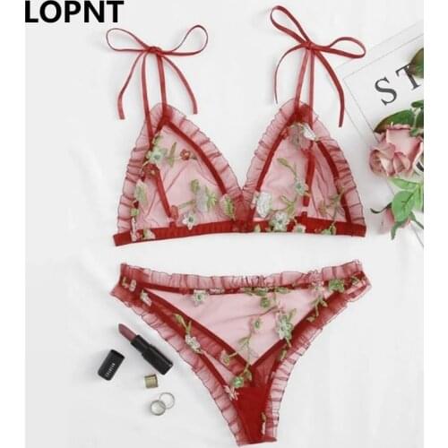 LOPNT 2020 Underwear Women set Mesh Transparent Sexy Lingerie Wire Free Embroidered Bralette set Three-Point Underwear Intimates