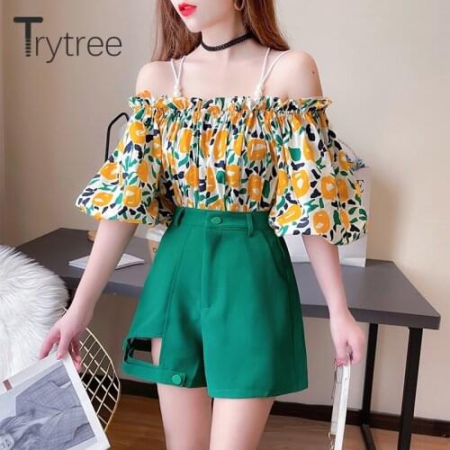 Trytree Summer Women Two Piece Set Casual Slash Neck Puff Sleeve Tops + Hollow Out Flare Shorts Zip Holiday Style 2 Piece Suit