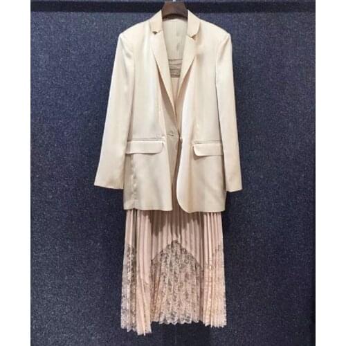 High Quality Blazer Sets 2021 Autumn Winter 2 Piece Suit & Sets Women Single Button Blazer Suit+Lace Patchwork Pleated Dress Set