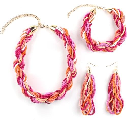 Claire Jin Short Choker Necklace Bracelet Earrings Three-piece Bohemian Jewelry Set Women Fashion Twisted Small Bead Multi Layer