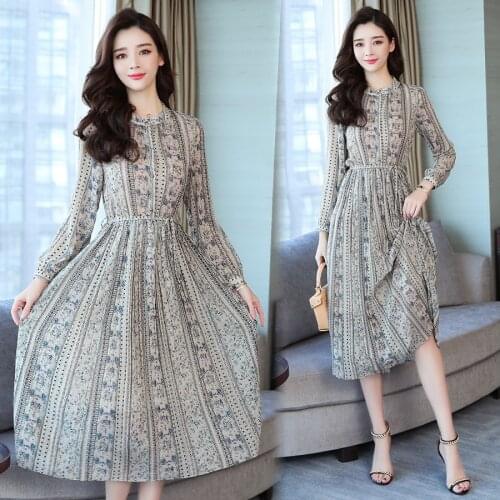 2021 Vintage Print Long Sleeve Midi Dresses Autumn Winter New Plus Size Chiffon Maxi Dress Elegant Women Bodycon Party Vestidos