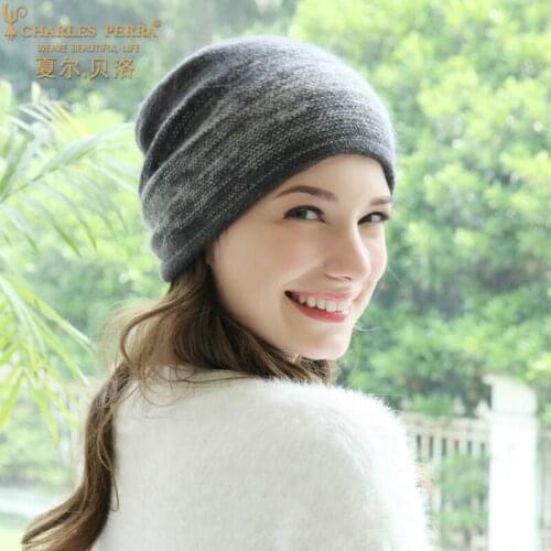 Charles Perra Winter 2020 New Female Knitted Hat Thermal Thicken Ear Protection Rabbit Wool Hat Trend Women Winter Hats 7A15