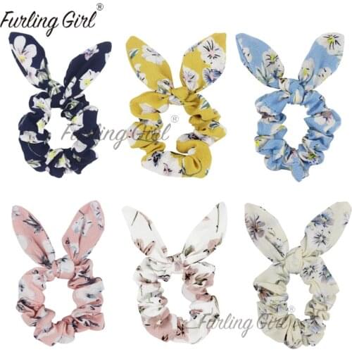 Furling Girl 1 PC Floral Chiffon Fabric Bunny Ears Elastic Hair Bands Peach Flower Design Rabbit Ears Hair Bow Hair Accessories