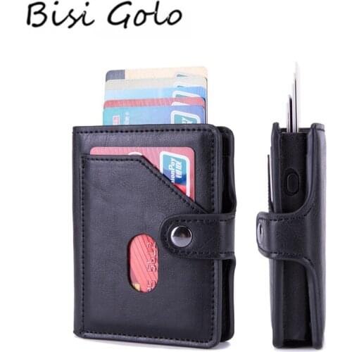 BISI GORO PU Leather Credit Card Holder Men Single Aluminum Wallet RFID Metal Wallet Automatic Pop-up Antitheft Purse Business