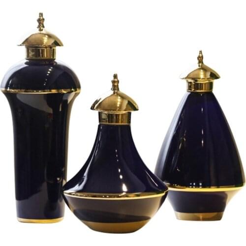 Jingdezhen Ceramic Modern Gold-plated Black Glaze Ginger Jar With Cover Set Of Three Pieces Bedroom porcelain temple jar blue