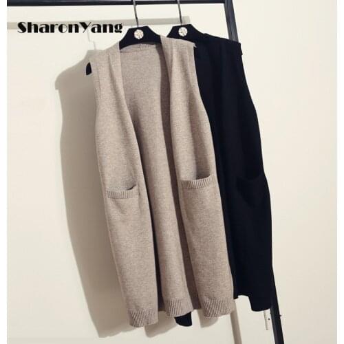 Long Style Knitted Cardigan Vest Coat Womens Loose Medium and Long Korean Style Chic Sleeveless Sweater Cardigan Outerwear
