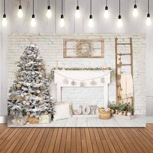Photography backdrop Merry Christmas Fireplace White Brick Newborn Portrait Photo Shoot Background Studio Christmas tree decor