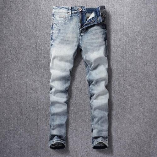 Italian Style Fashion Men Jeans High Quality Retro Light Blue Elastic Cotton Slim Ripped Jeans Men Vintage Designer Denim Pants