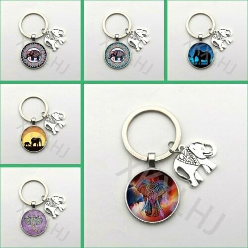 Creative Vintage Glass Convex Round Elephant Flower Keychain Pattern Jewelry Pendant DIY Key Ring Charm Bag Women Gift Souvenir