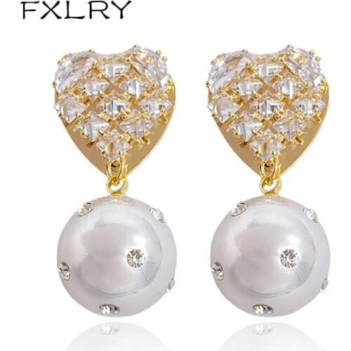 FXLRY Fashion Elegant heart-shaped Pearl Earrings With AAA Zircon For Women Jewelry
