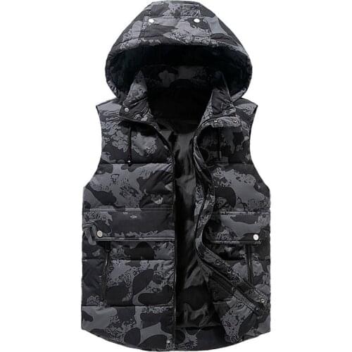 Mens Winter Vest Plus Size 5xl Hat Detachable Waistcoat Camouflage Sleeveless Jackets Warm Parkas Unloading Coat
