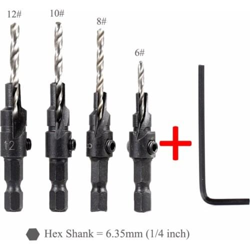 4pcs HSS Countersink Drill Bit Set + Quick Change Hex Shank Screw #6 #8 #10 #12