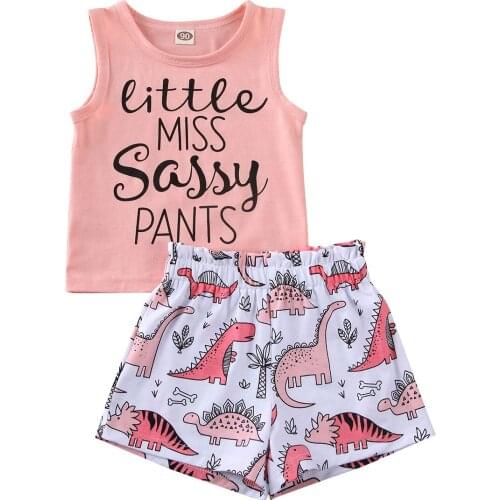 Toddler Baby Kids Baby Girl Clothes Set Summer 2pcs Sleeveless Letter T-shirt Tops Dinosaur Shorts Outfit Set Tracksuit 2-5Years