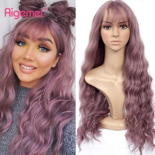 Aigemei Synthetic Pink Wavy Cosplay Wig With Bang Water Wave 26Inches Hair For Woman High Temperature Fiber black brown color