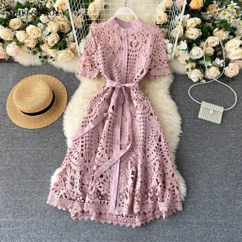 Sanishroly 2020 Summer Autumn Sexy Hollow Out Dress Women Tie Bow Lace Dress Female Button Short Sleeve Long Dress Vestidos C060
