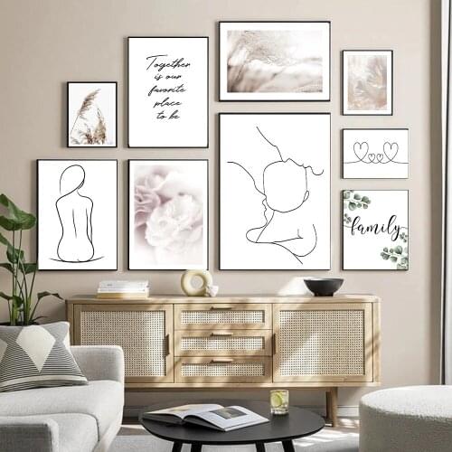 Family Line Art Drawing Beige Reed Wheat Nordic Posters And Prints Wall Art Canvas Painting Quote Pictures For Living Room Home