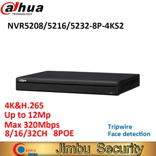 Dahua 8CH 16CH 32CH NVR Video recorder NVR5208-8P-4KS2 NVR5216-8P-4KS2 NVR5232-8P-4KS2 8POE 4K&H.265 Up to 12Mp Max 320Mbps