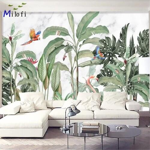 Milofi custom vinyl 3D wallpaper mural wallpaper modern fresh rainforest plant animal flamingo TV sofa background wall