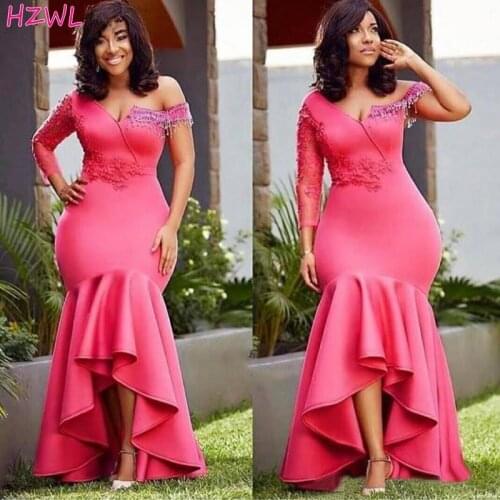 Hot Pink Plus Size Mermaid Prom Dresses Sexy Off The Shoulder Beaded Sleeve Evening Gowns Satin Ruffles High Low Party Dress