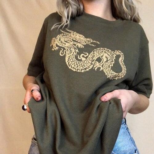 Hip Hop Women T shirt Dragon Printed Army Green tshirts Short Sleeve Cotton Vintage t-shirt Gift For friend