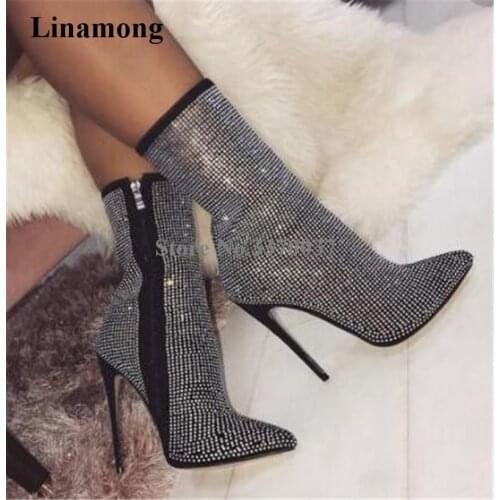 Women Luxury Bling Bling Pointed Toe Rhinestone Thin Heel Short Boots Black Zipper-up High Heel Ankle Booties Wedding Club Shoes