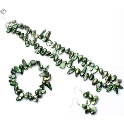 Women Jewelry Set 8-15mm Dark Green Baroque Pearl necklace bracelet dangle hook earring Natural Freshwater pearl