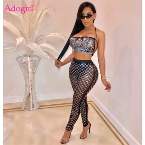 Adogirl Women Sexy Diamonds Night Club Two Piece Set Strapless Halter Lace Up Crop Top + Pencil Pants Sheer Mesh Outfits Costume