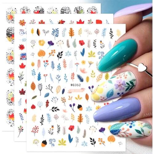 1Sheet Charms Flowers Maple Leaf 3D Nail Stickers Summer Theme Geometric Line Nail Art Decals Sliders Manicures For Decorations