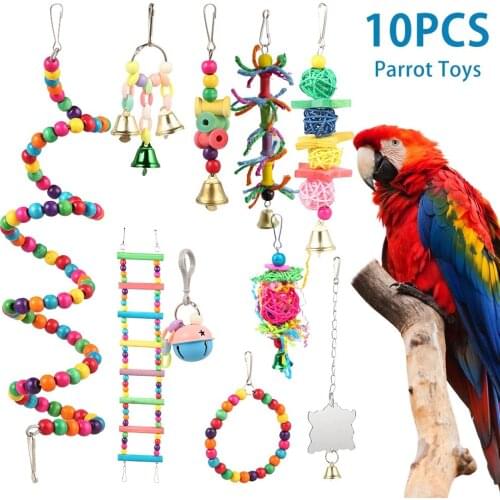 10 Pieces Set Colorful Bird Chewing Standing Climbing Playing Swing Toys and Mirror with Bells