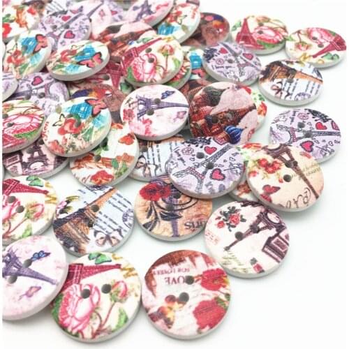 Wholesale 100pcs Eiffel Tower Flower Painted 2 Holes Wooden Round Buttons Sewing DIY Craft Scrapbooking