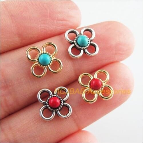 30Pcs Retro Gold Color Tibetan Silver Tone Flower Clover Blue&Red Stone Charms Connectors 9.5mm