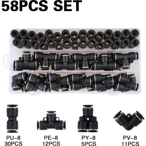 58PCS/Box Set Pneumatic Fittings PY/PU/PE/PV Water Pipes Pipe Connector PU-8mm Plastic Hose Quick Couplings Tee Air Straight Gas