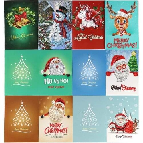8 Pcs Christmas Cards 5D DIY Diamond Painting,Envelopes Holiday Greeting Cards Kits Include Christmas Bells, Reindeer, Snowman