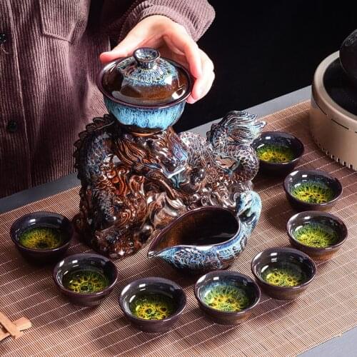 9 pcs/set Retro kiln Lazy Man Tea Set Portable Ceramics semi-automatic tea infuser teacup Household porcelain teaware