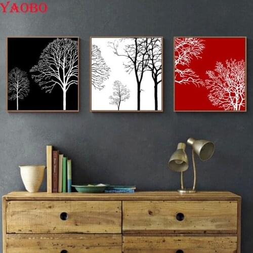 3 pcs Diamond Painting Full Square Calligraphy painting Diamond Embroidery black White Red tree 3d Cross Stitch Home Decor