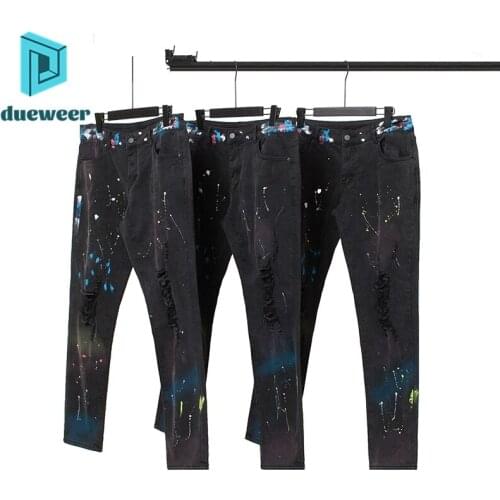 Dueweer Mens Hip Hop Rainbow Straight Jeans Splash Ink Graffiti Skinny Stretch Jeans Trousers Men Biker Denim Pants