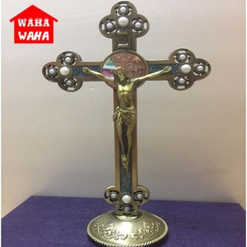 Jesus Catholic Christian Holy Crucifix with Pearl Ornaments Cross Rood Emmanuel Jesu Cross Statuette with Base Figure Figurine