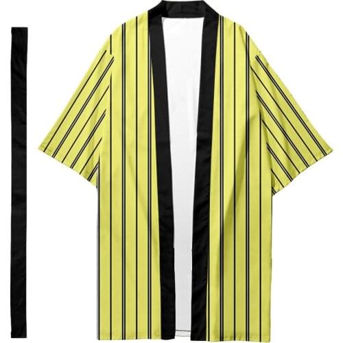 Summer Striped Printed Long Style Kimono Beach Cardigan With Belt Japanese Couple Women Men Casual Asian Clothes Harajuku