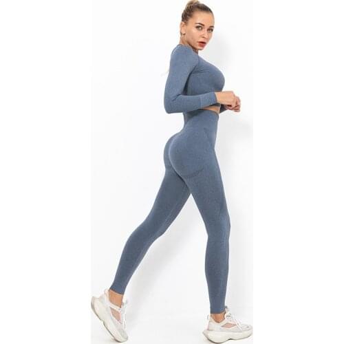 Yoga Set Sport Clothes For Women 2Pcs Seamless Tight Elastic Long Sleeve Gym Top High Waist Leggings Running Fitness Workout Set