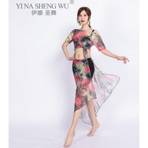 Belly Dance Set Women Beginner Sexy Perspective Mesh Practice Costume Top+Split Skirt Suit Oriental Bellydance Training Clothing