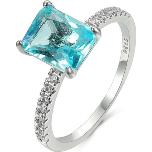 Minimalist Female Aqua Blue Crystal Ring Dainty Silver Color Zircon Engagement Ring Luxury Square Thin Wedding Rings For Women