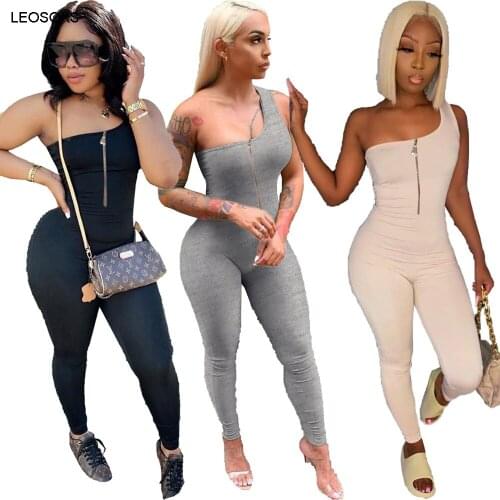 Fashion Womens Sexy One Shoulder Zipper Sleeveless Hip Lifting Sports Jumpsuit Solid Color With Padded Sports Tights Rompers
