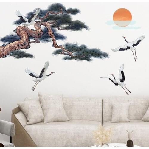 Pine crane Wall Stickers Home Office Decor Living Room Bedroom Chinese Style Wall Art Large Mural Room Decoration Aesthetic