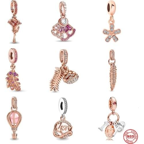 New 925 Silver Fine Hot Air Balloon Charm Rose Gold Flower Leaves Bead Suitable For Original Pandora Bracelet DIY Lady Jewelry