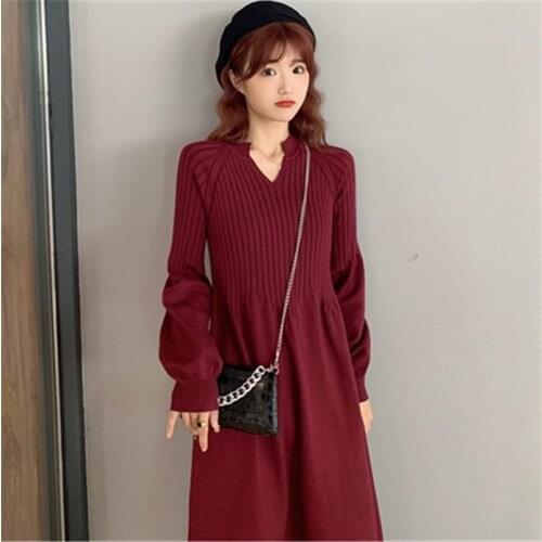 Solid V-Neck Womens Long Dress 2021 New Spring Autumn Knitted Sweaters Loose Trendy Lady Pullover Long Sleeve Female Bottoming